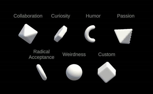 The shapes that correspond to the MIT core values – and that form the basis of each person’s “element” – slowly twist and turn to show their dimensionality.
