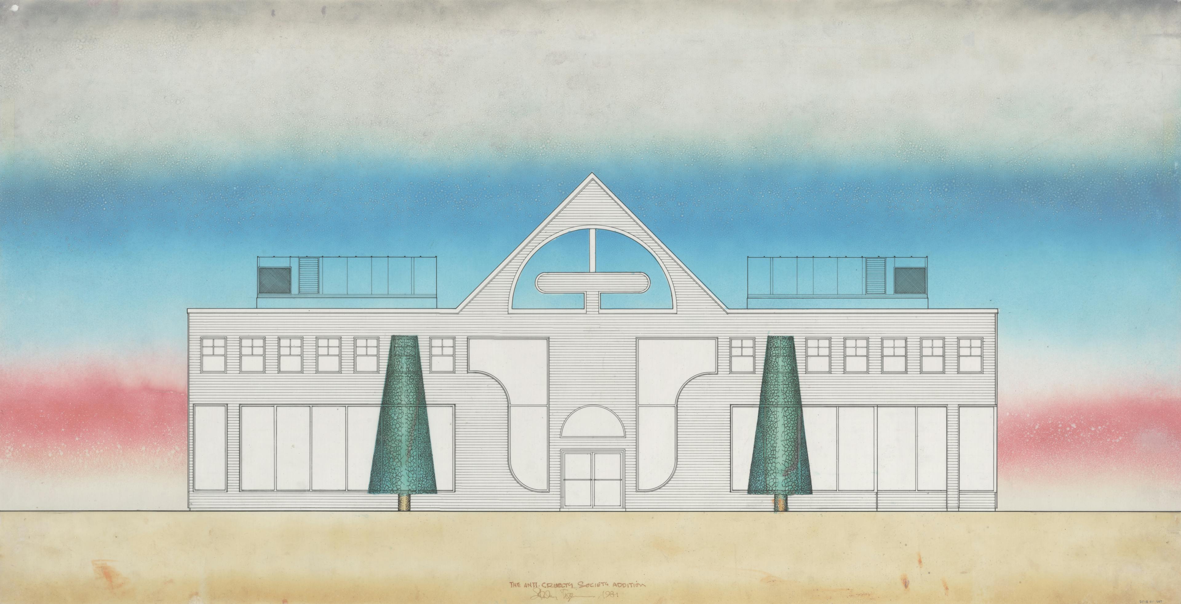 architectural drawing of symmetrical building with two trees in front