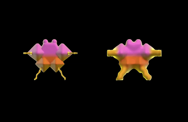 One of these wiggling “elements” has a body and appendages that are merged together to create a blob-like appearance. By comparison, the other element appears more “shrink-wrapped,” with sharper edges and joints between shapes.
