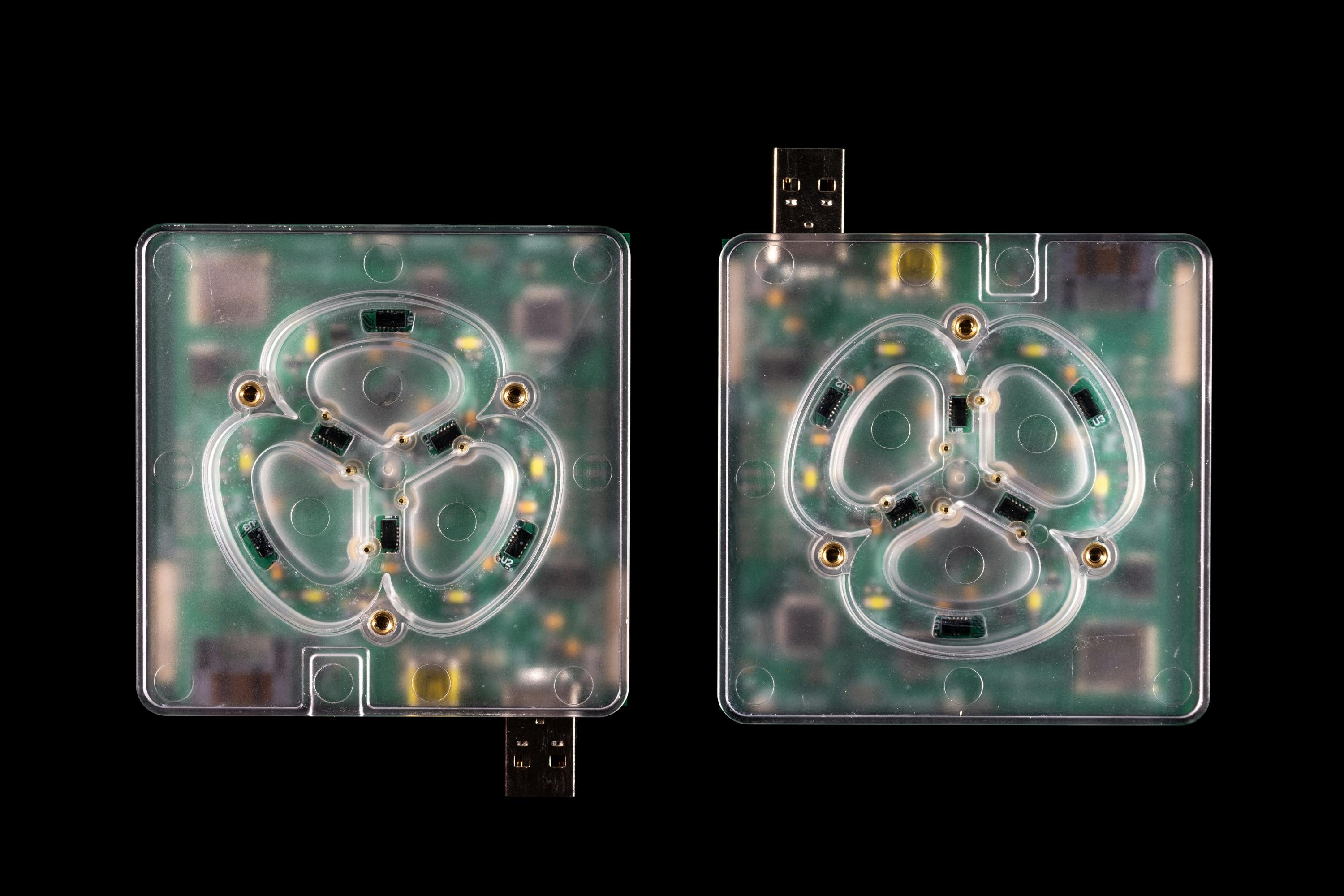 Two square tadpole mazes with see-through exterior showing circuit board.