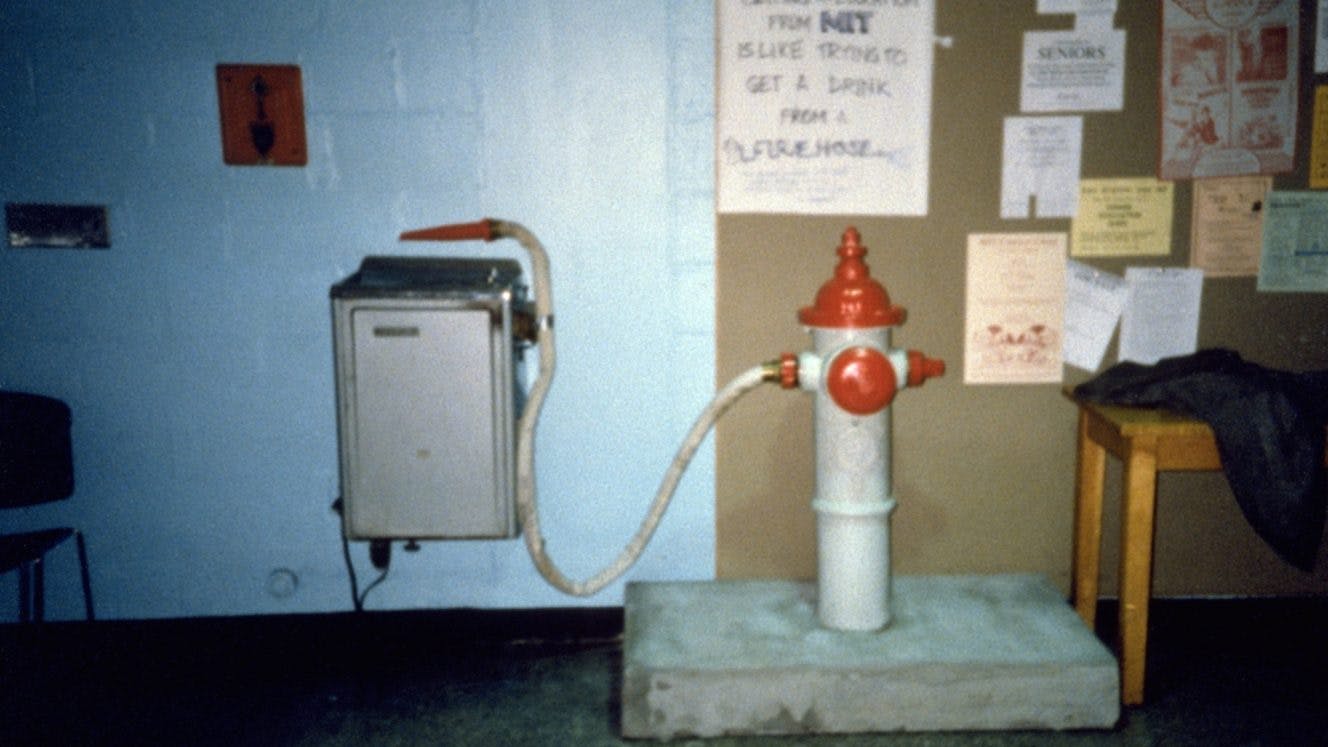 water fountain hooked to fire hydrant to show what an MIT education is like