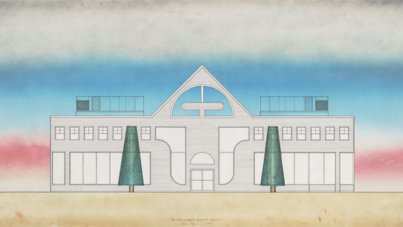 architectural drawing of symmetrical building with two trees in front