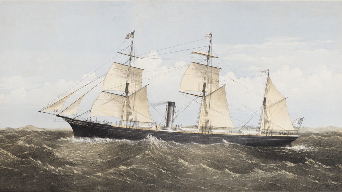 Portrait of the Compagnie Generale Transatlantique's (also known as The French Line) steam ship Pereire.