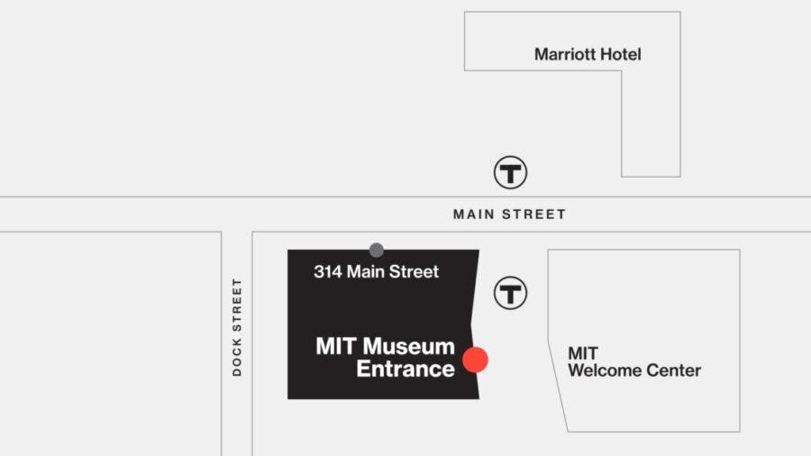 Map of museum entrance location, across from MIT Welcome Center.