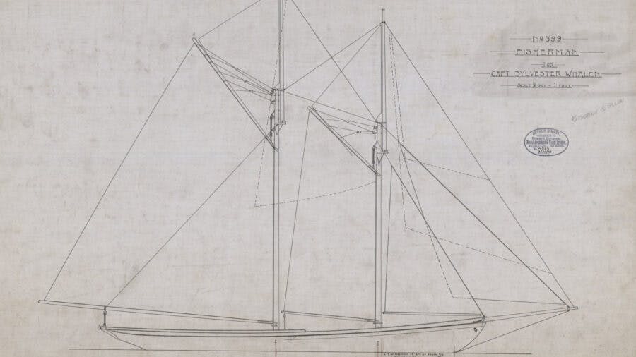 sail plan of Katherine, gaff fishing schooner No. 399 for Capt Sylvester Whalen