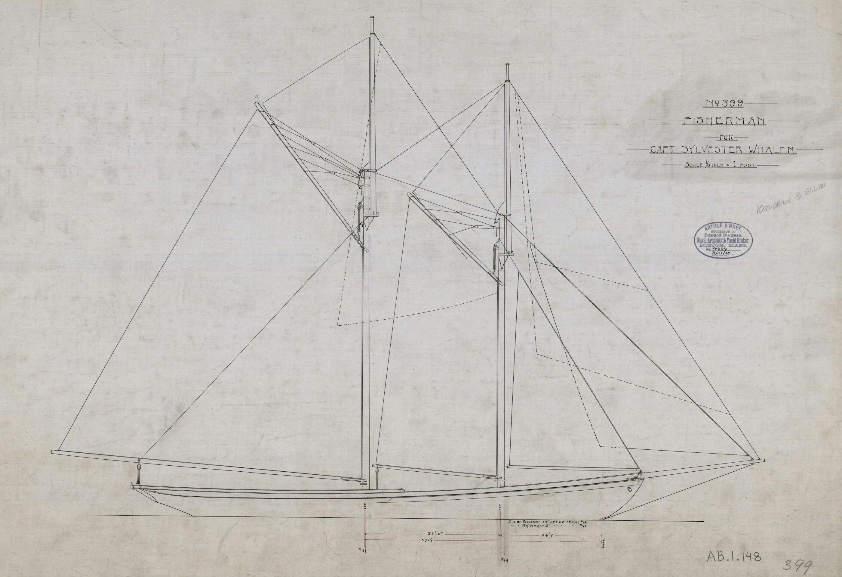 sail plan of Katherine, gaff fishing schooner No. 399 for Capt Sylvester Whalen